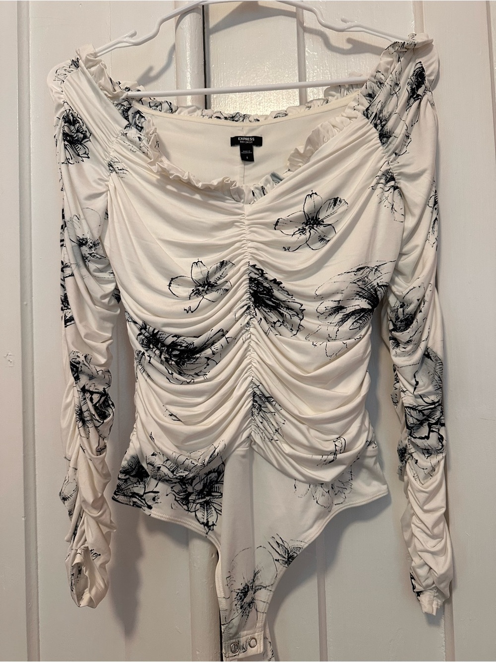 Express White Bodysuit with Black Floral Print and Ruched Front